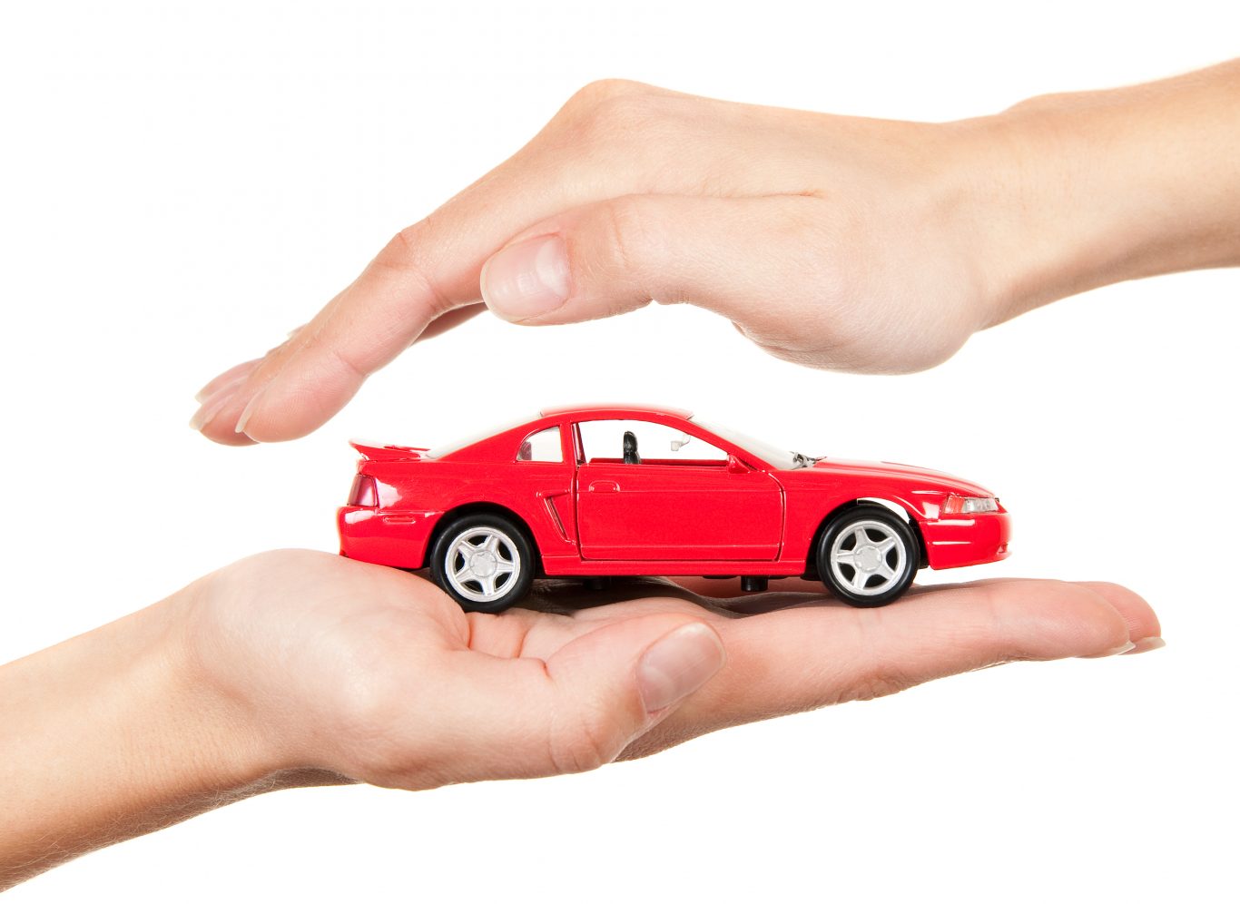 Red car in hands on a white background. Concept of safe driving